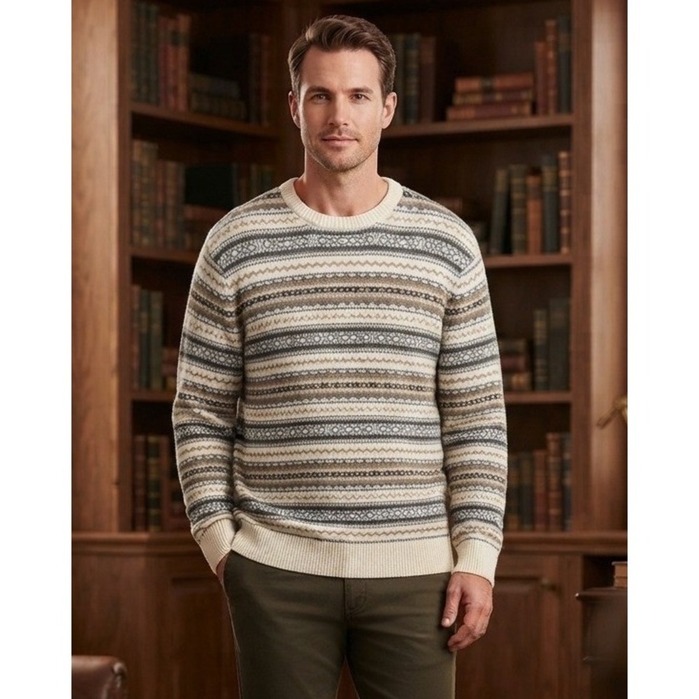IZOD Fair Isle Crewneck Sweater Men's XXL Vanilla Ice Cotton Holiday Travel NWT